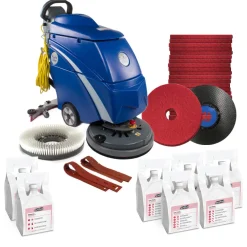 Trusted Clean 'Dura 18HD' Electric Walk Behind Floor Scrubber Package w/ Pads, Chemicals & Accessories